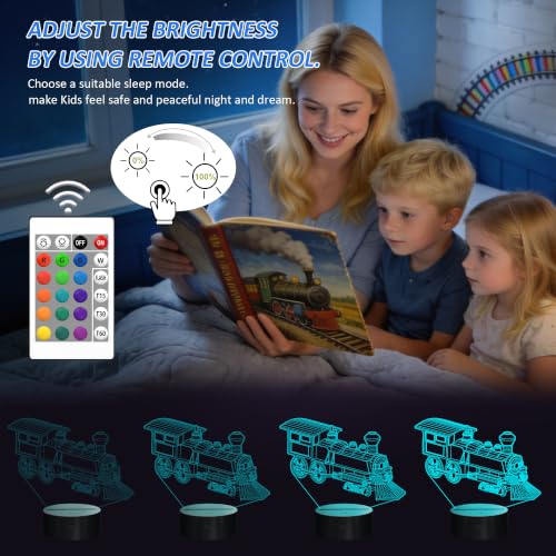 Image of FULLOSUN Train Night Light, 3D Illusion Lamp for Kids, 16 Colors Changing with Remote Control Dim Function, Creative Birthday Xmas Gifts for Kids Boys Bedroom Decor