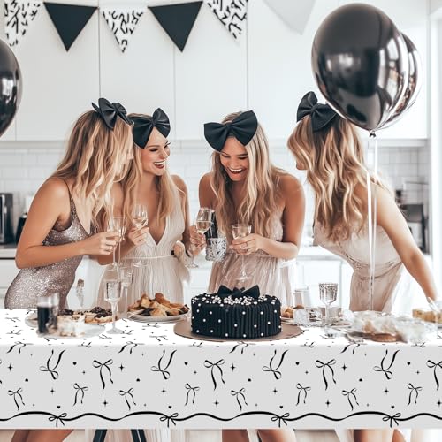 Image of Avezano 3 pcs Black Bow Tablecloths 108 x 54 inch Bow Birthday Decorations Black and White Coquette Plastic Table Cover Disposable Bachelorette Party Supplies