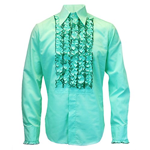 Chenaski Mens Ruffle Ruche Frill Dinner Tuxedo 70s Shirt Mint/Dark Green XL