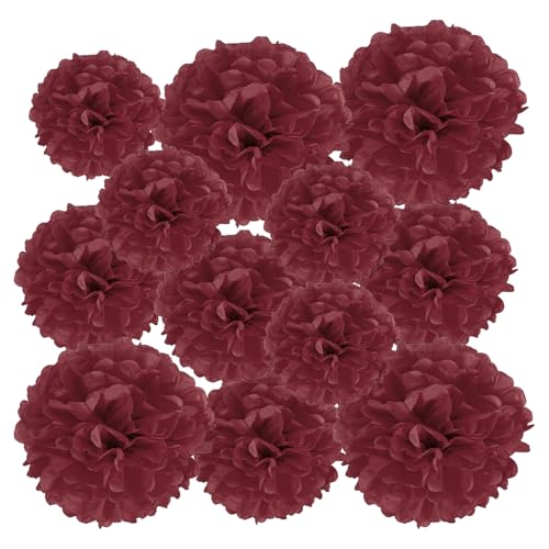 PATIKIL 12 Stück 10/15/20 cm Pom Poms Papier Blumen, Papierblumen Hochzeitsdeko Seidenpapier für Hochzeit Brautdusche Geburtstagsparty Hintergrund Dekoration, Dunkelrot