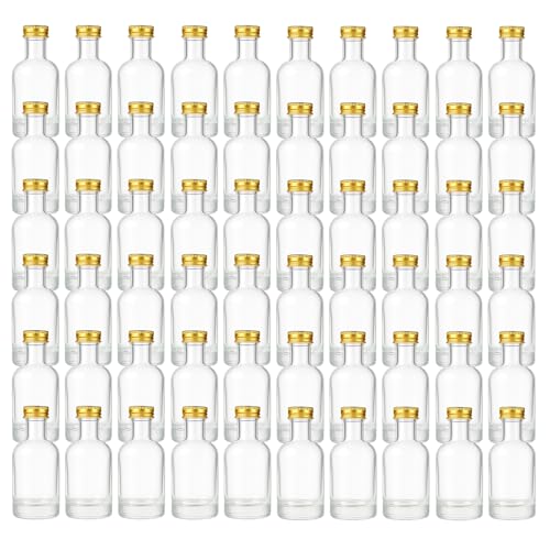 gouveo Lot de 60 mini bouteilles rondes en verre de 50 ml avec bouchon à vis doré à fond épais et goulot étroit Idéal pour liqueurs, huile, échantillons,...