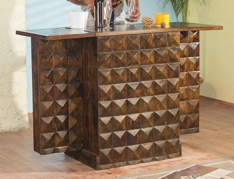Image of Credenza Wooden Bar Cabinet for Home || Wine Storage Rack with Drawer & Glass Holder || Sheesham Wood for Living Room and Bar Cabinets Furniture || Natural Brown Finish Bar Cabinet with Drawers