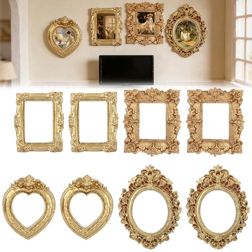 Swiftctrl 8 Mini Marcos de Fotos Vintage de Resina en Estilo Barroco Dorado, Miniatura Marcos Antiguos para Fotos, Decoración de Pared, Proyectos DIY y Fundas de Teléfono (Sin Vidrio ni Respaldo)
