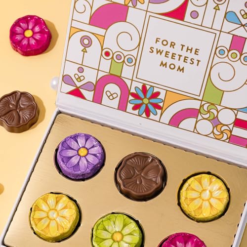 Chocolate Card Gift Box, 6 Individually Wrapped Chocolate Flowers, Food Sweets Candy Gift Greeting, Holiday Present for Mom, Her, Mother, Women, Adults- Bonnie and Pop