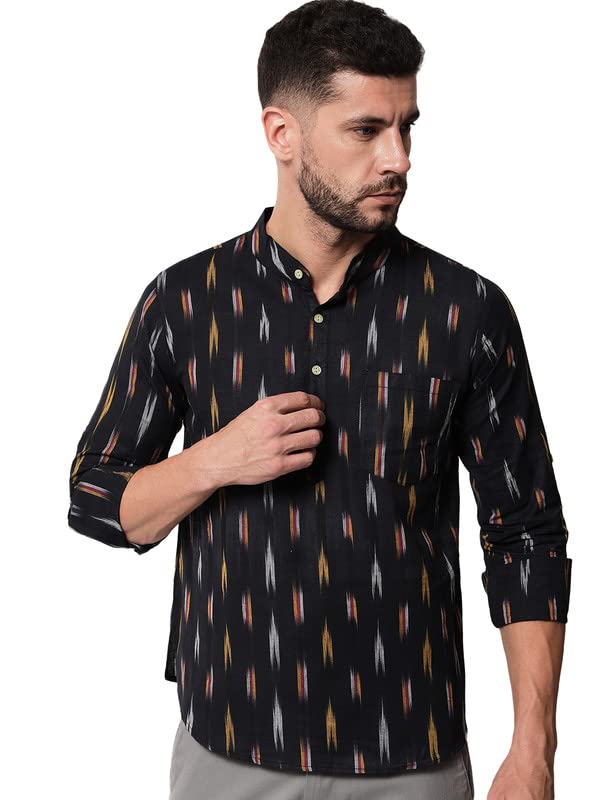 Image of Vastraa Fusion Men's Handloom Weaving Pure Cotton Short Kurta, Round Collar, Full Sleeves,Button Kurta, Ethnic Wear