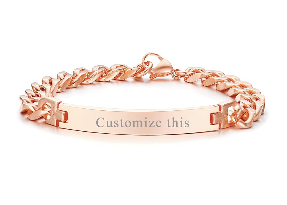 PJ Personalized Custom Engraving Plain Stainless Steel ID Bracelets for Men Women,Name Plate Identity Bracelet