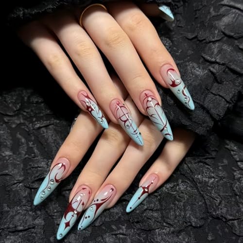 Blue Handmade Press On Nails Stiletto Nail Tips 10Pcs Luxury Glue on Nails Reusable Acrylic False Nails Manicure Kits with Cute 