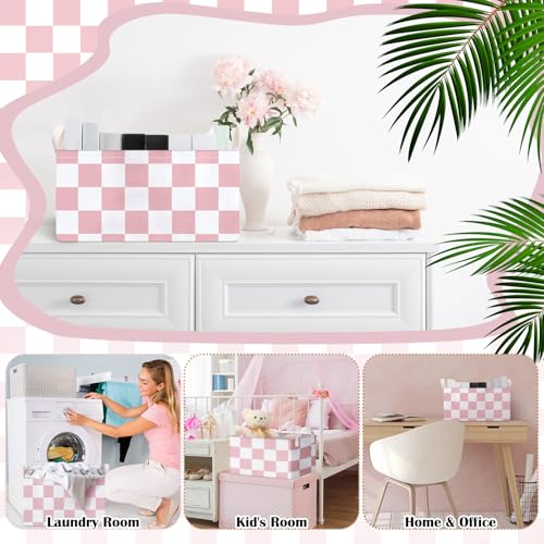 Image of Boao 3 Pcs Pink and White Checkered Storage Basket with Handle Cute Car Baskets Gingham Classroom Laundry Toy Storage Bin Organizer Canvas Plaid Hamper for Dormitory Home Nursery Bathroom Bedroom
