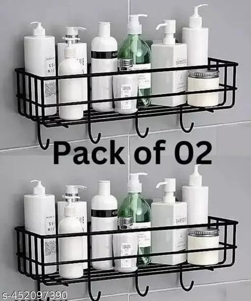 (Pack of 2) Steel Self-Adhesive Multipurpose Bathroom Shelf with Hooks/Towel Holder/Rack/Bathroom Accessories-Wall Mount - Pack of 2 (Black,Powder Coated)|BHR-P1001 1