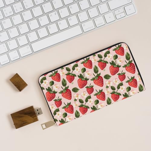 Strawberry Flower Print Wallet Women, Leather Bifold Multi Card Wallet, Long Purse Women's Wallets4