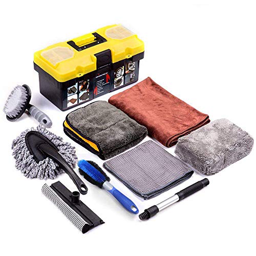 MOFEEZ 9pcs Car Cleaning Tools Kit with Blow Box Car Vent Brush Tire Brush Wash Mitt Sponge Wax Applicator Microfiber Cloths Window Water Blade Brush