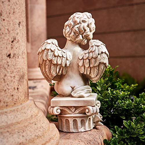 Cherub Angel Garden Statue, Angel Figurine With Squirrel Sitting On Roma Pillar, Greek Column Angel Figurine For Garden Decor, Lawn, Patio, Courtyard, Polyresin Stone Antique, 13.4 Inch #TOP1