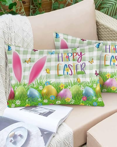 Boanket Lumbar Pillow Covers 12 x 20 in, Easter Waterproof Throw Pillow Cover Set of 2, Spring Floral Botanical Eggs Bunny Teal Plaid Home Decorative Rectangle Cushion Covers for Patio/Couch/Garden