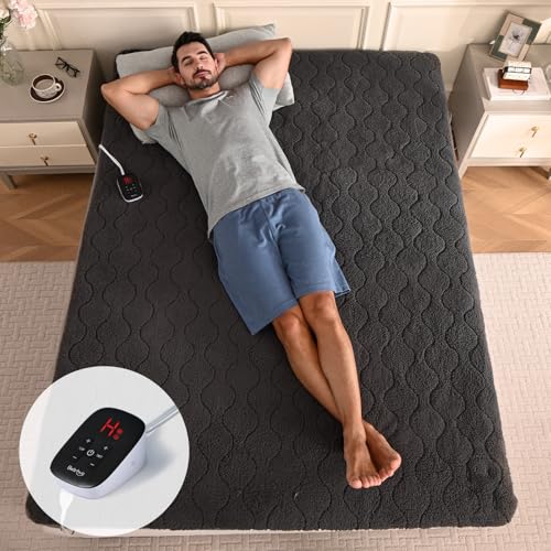 Image of Bearhug Electric Heated Mattress Pads Full Size 54 inchx75 inch Sherpa Bed Warmer with 21 inch Deep Pocket 10 Heat Settings 12-Hour Timer Machine Washable Gray