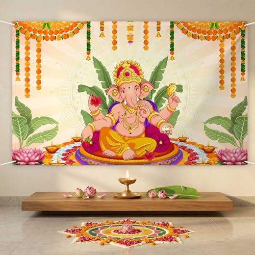 Image of Pooja Ganpati Decoration Banner Indian Puja Cloth Items Backdrop Traditional Chatiya Ganesh Mehndi Photography Background Wedding Festival Party Marigold Garlands Photo Booth 70.8x35.4inch