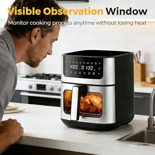 Image of HealSmart 6.34 Qt Air Fryer with Window, 8-in-1 Digital AirFryer Oven, 1700W, Nonstick Dishwasher-Safe Basket, Air Fry, Roast, Dehydrate, 90-Min Timer, Stainless Steel, Black