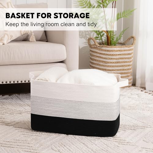 Image of OIAHOMY Extra Large Blanket Basket, 95L Cotton Rope Woven Laundry Basket, Toy Bin for Baby Room, Container for Blanket Storage in Living Room, 24''x17''x14'', Gradient Black