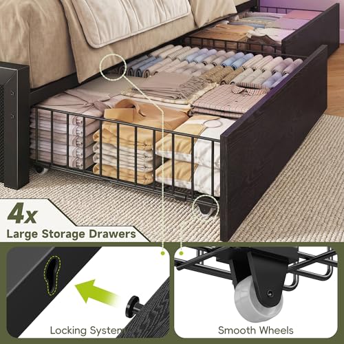 Image of Homkdom Full Size Bed Frame with Large 4 Drawers, 2-Tier Shelf, LED Light and Charging Station, Heavy Duty Platform Bed with 880 lbs Capacity, Easy Assembly, Black