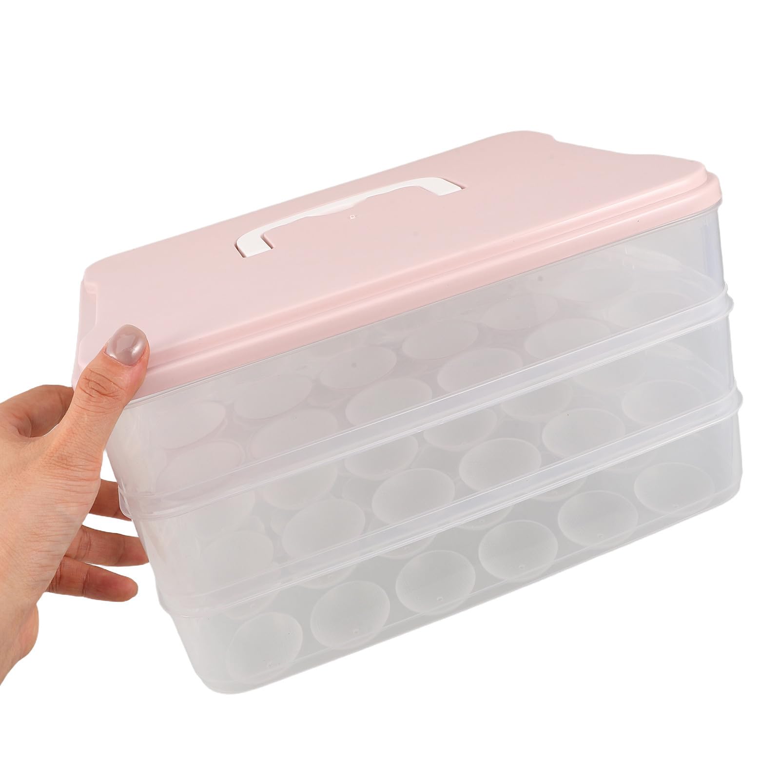 Lurrose Recipientes para huevos rellenos con tapa, recipiente para huevos de 3 capas con asa para refrigerador, soporte para alimentos apilable, bandeja de transporte de 72 agujeros para viajes y