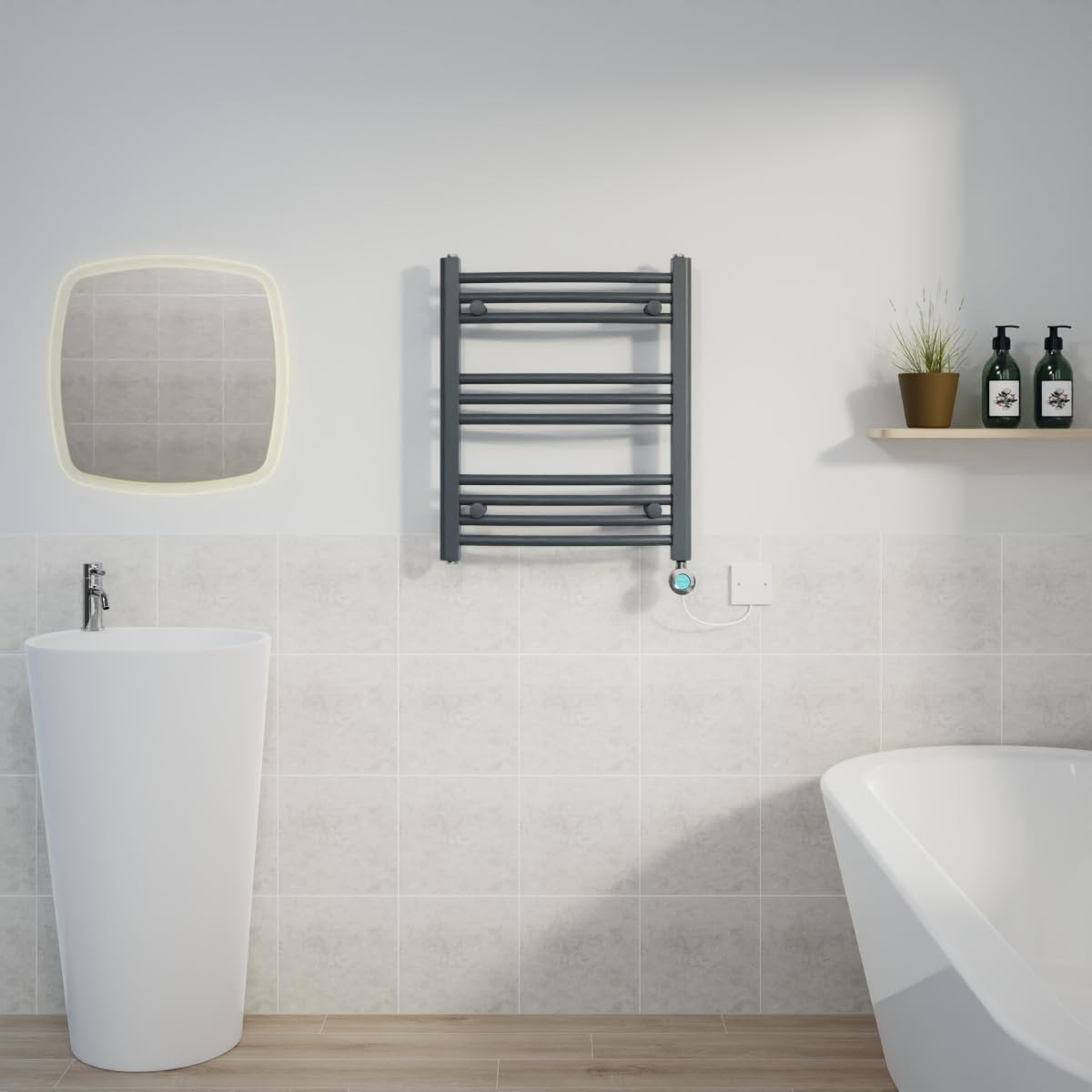 Warmehaus Prefilled 600x500mm Curved Electric Heated Towel Rail with Timer Thermostatic Bathroom Radiator Anthracite - 400W(Chrome Heating Element)