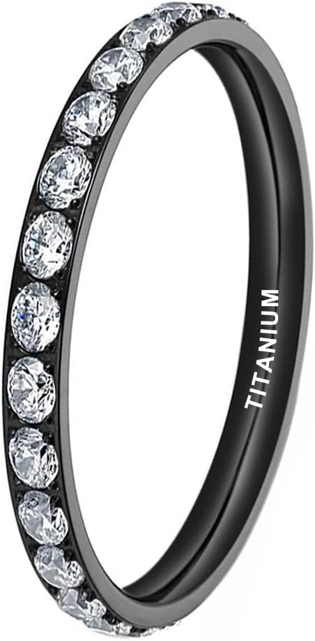 TUTISS 2mm Silver/Black/Gold/Rose Gold Stackable Titanium Rings for Women Cubic Zirconia Engagement Promise Eternity Wedding Bands Comfort Fit