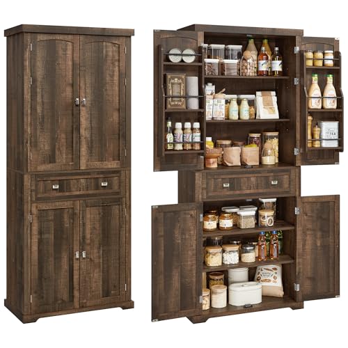 Image of VASAGLE Pantry Cabinet, Tall Storage Cabinet with Drawer, 71.7-Inch | Freestanding cupboard with 2 cabinets, 6 adjustable shelves, Deep Brown, UBBK561K01
