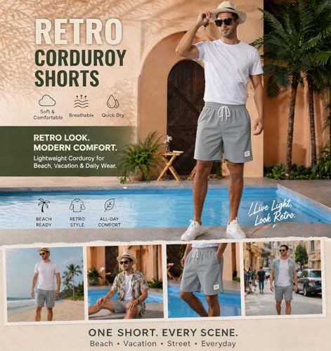 Image of Mens Corduroy Shorts Cotton Blend Lightweight Soft Summer Shorts Elastic Waist Beach Casual Short for Men with Pockets