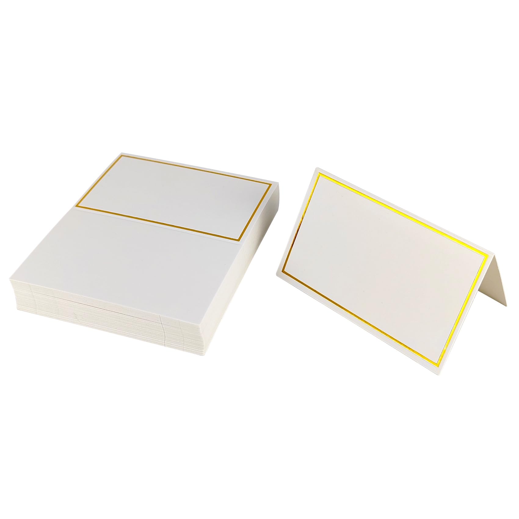 Paquete de 50 tarjetas de lugar, tarjetas de nombre blancas de 2 x 3.3 pulgadas con borde de lámina dorada para mesa, bodas, cenas (50)