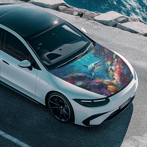 Image of Car Hood Cover for Compact Sedans SUV Trucks,Shark Theme 59x39 Inches Stretchable Auto Hood Wraps Vehicles Banner Automotive Exterior Accessories