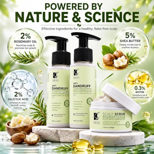 Image of Ultimate Anti-Dandruff Kit -Scalp Scrub, Shampoo and Conditioner (combo) (150ml) | 2% Rosemary Oil, 5% Shea Butter, 2% Salicylic Acid, 0.3% Biotin |Exfoliates, Removes Dead Skin with Reduces Upto 98% Dandruff Helps With Itching For All Hair Type
