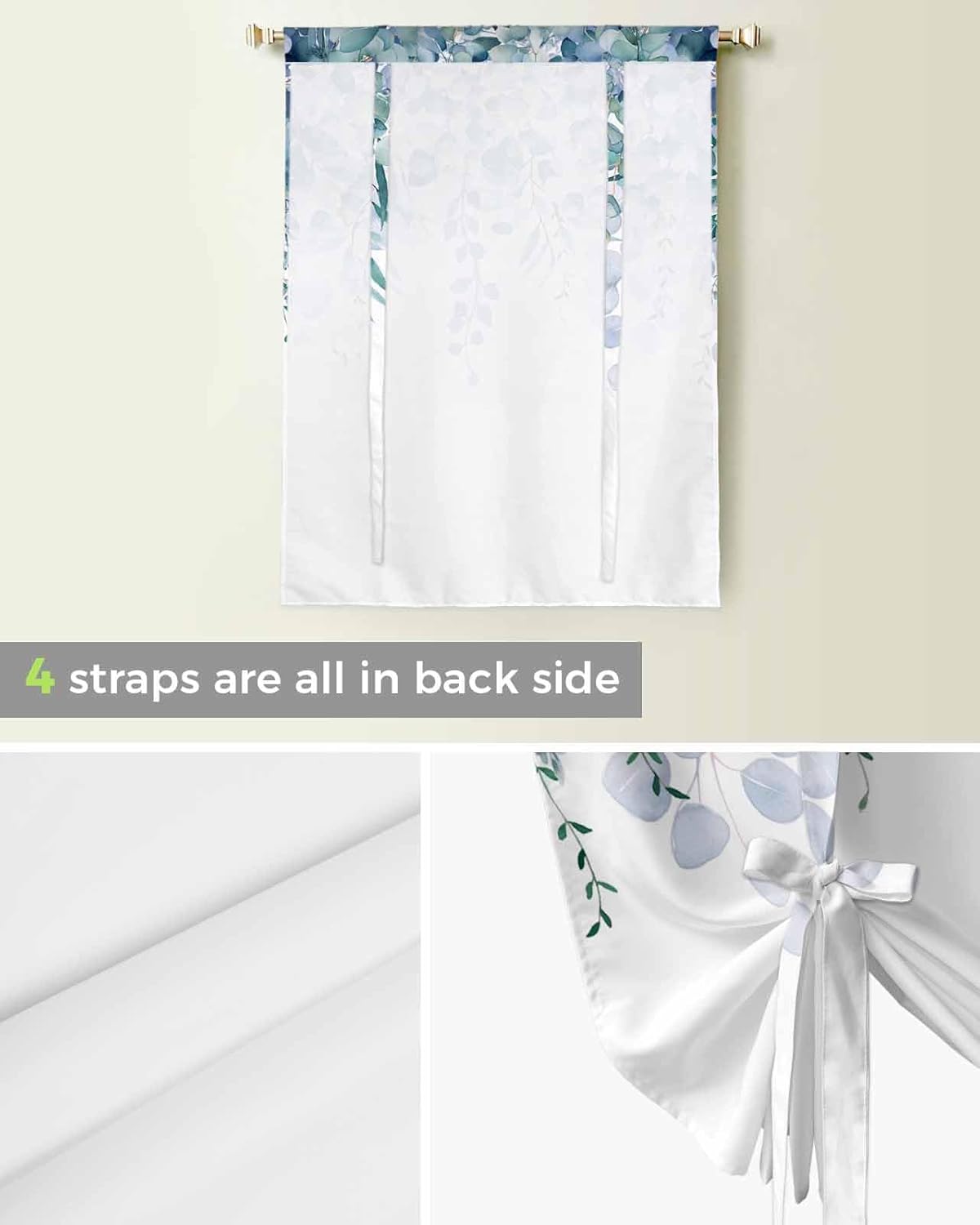 Blue Eucalyptus Tie Up Curtains for Kitchen Bedroom Living Room Windows, Adjustable Tie-Up Shade Rod Pocket Curtain Valance Drape Rustic Botanical Aesthetic Herb Leaves 1 Panel, 34" x 45"