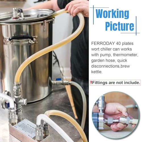 Image of Wort Chiller, 40 Plate Stainless Steel Brazed Plate Heat Exchanger, 1 /2 NPT & 3 /4 NPT Thread Plate Wort Chiller for Homebrew, Beer Brewing Chiller Wort Cooler -7.5 inch x 3.8 inch