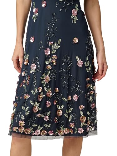 Image of Adrianna Papell Women's Floral Beaded Knee Length Dress with Sheer Neckline