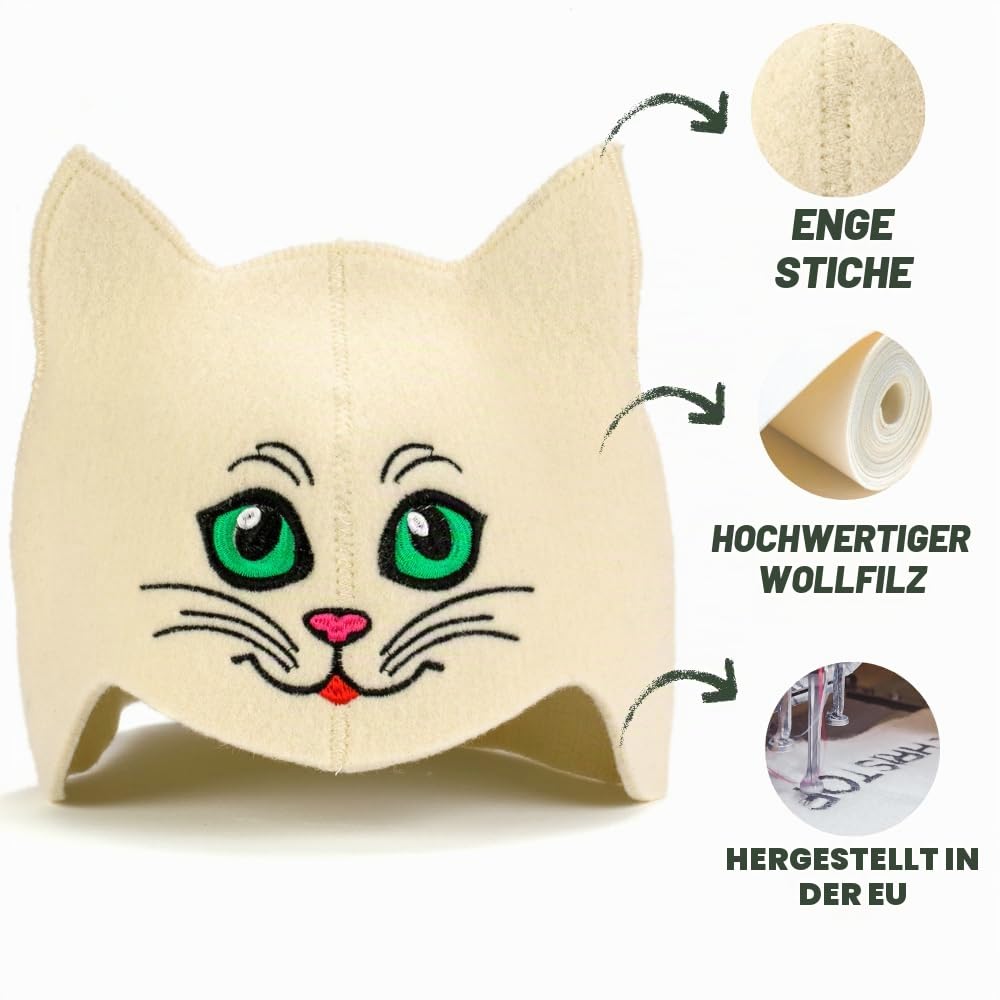 Saunahut "Sauna Kitten Green" weiß - 100% Bio-Wollfilzmmützen für russische Banya - Schützen Sie Ihren Kopf vor Hitze - Sauna eBook Guide enthalten - mit Stickerei