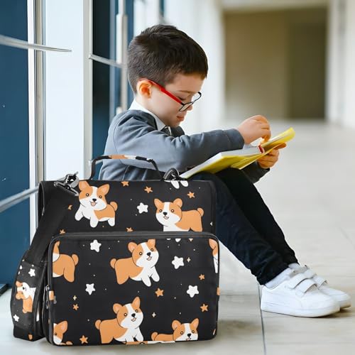 Image of 3 Ring Zipper Binder with Shoulder Strap Corgis Dog Star Black 1.5 inch Binders Keeper Large Capacity Multi Pockets for School Office Supplies