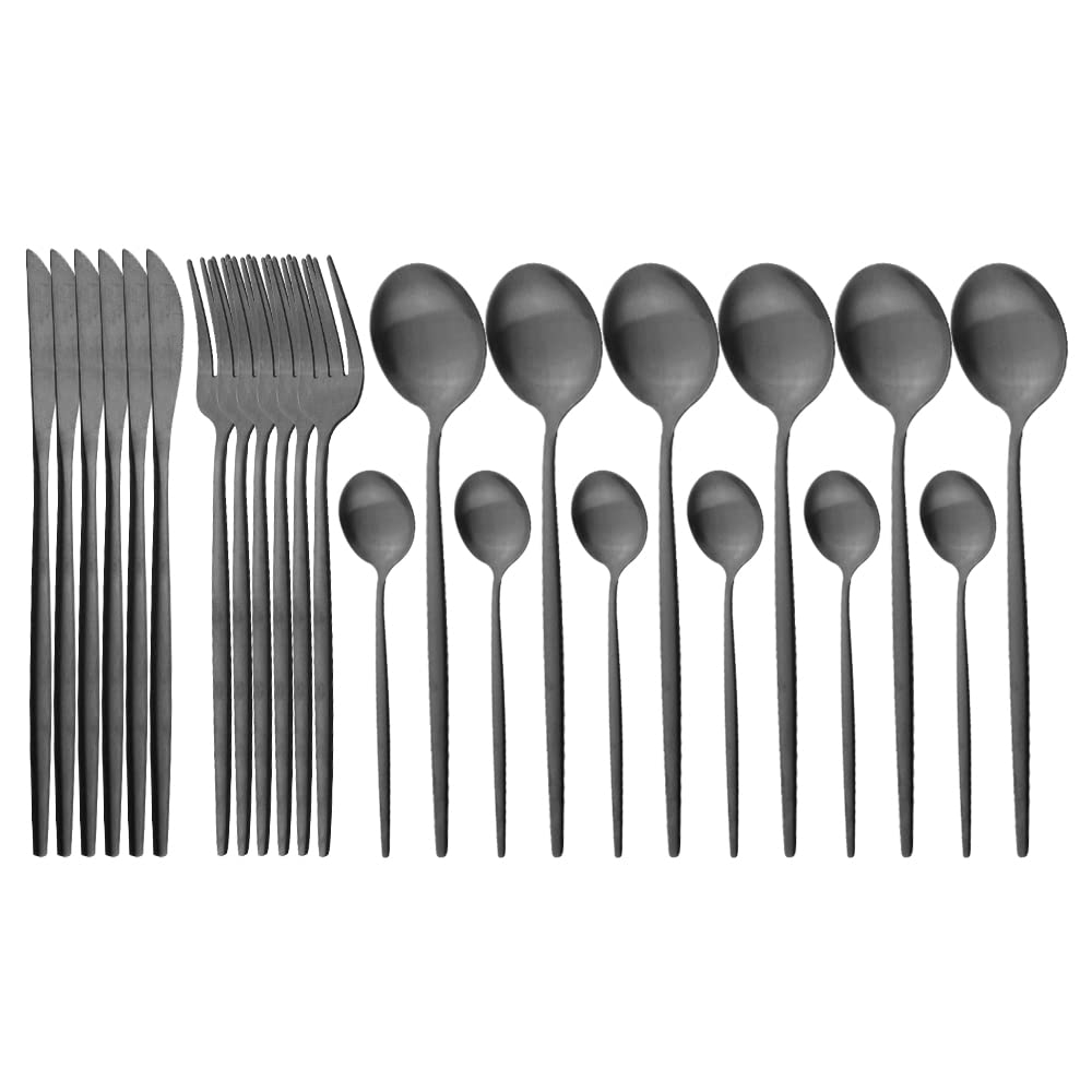 Besteck- und Essbesteck-Set, 24-teilig, Mattes Besteck-Set, Edelstahl-Geschirrset, Messer, Gabel, Löffel, Tafelservice, Küchenbesteck, Geschirrset für Zuhause,Schwarz