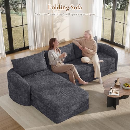 Image of Vesgantti 6 in 1 Convertible Folding Sleeper Sofa Bed, No Assembly, Blue | 110.2 inch L Shaped Modular Sectional Sofa, Curved Armrest, Deep Seat Boneless Couches for Living Room, Chenille, Left Facing