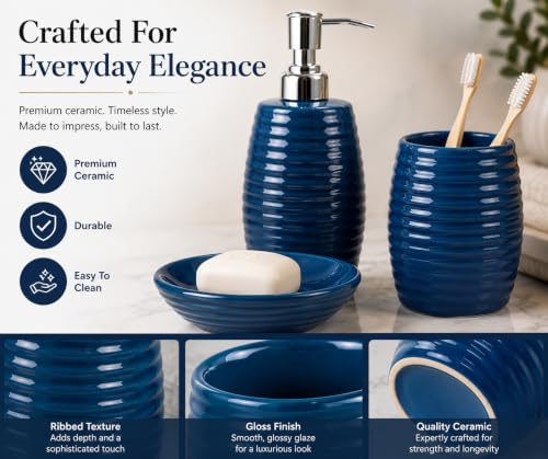 Image of Quace Ceramic Bathroom Accessories Set of 3, Soap Dispenser, Toothbrush Holder & Soap Dish, Modern Bathroom Decor Set for Wash Basin, Vanity Counter & Guest Bathroom (Ocean Blue)