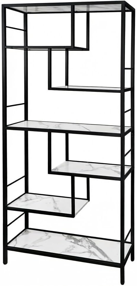 AT-VALY 6 Tier Bookcase Bookshelf, 72.4”Tall Modern Freestanding Bookshelf with 6 Shelves, Faux Marble Open Display Storage Book Shelves for Living Room Bedroom Home Office (Black)