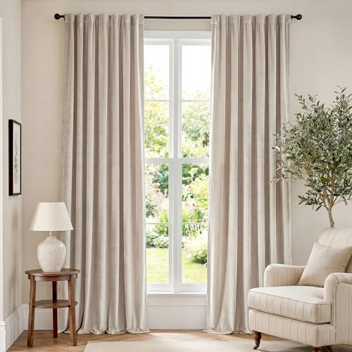 Image of Beige Velvet Curtains Neutral Rod Pocket 52x96 Inch 2 Panels | Soft Velvet, Room Darkening, For Bedroom & Living Space, Light Shifting Texture, Elegant Drape, Cozy