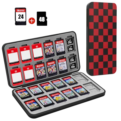 Image of FYY Nintendo Switch Game Case Holder for Switch 2 Cartridge Case with 24 Game Card Slots & 48 Micro SD Card Slots, Hard Shell, Silicone Lining Black Red Squares