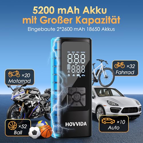 HOVVIDA Elektrische Luftpumpe, Luftpumpe Fahrrad, Elektrische Luftpumpe Akku, Tragbarer Fahrradpumpe Akku, 150 PSI (10,3 Bar) 5V, Auto-Abschaltung, LED, für Auto, Motorrad, Fahrrad, Ball