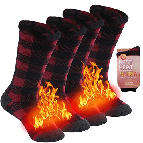 Sunew Women’s Thermal Camping Hunting Socks, Heavy Boot Cold Weather Fuzzy Lining Athletic Extremely Warm Socks For Outdoors Worker, Unisex Indoors Snug Socks, 2 Pairs Plaid Medium #TOP27