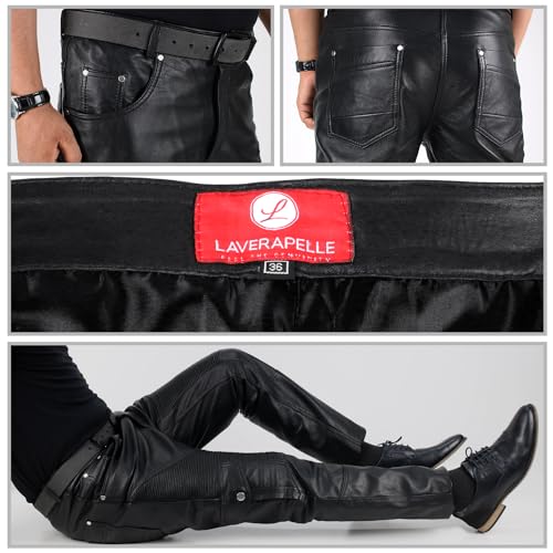 Laverapelle Men's Genuine Lambskin Leather Pants (Black, Biker Pants) - 23040014