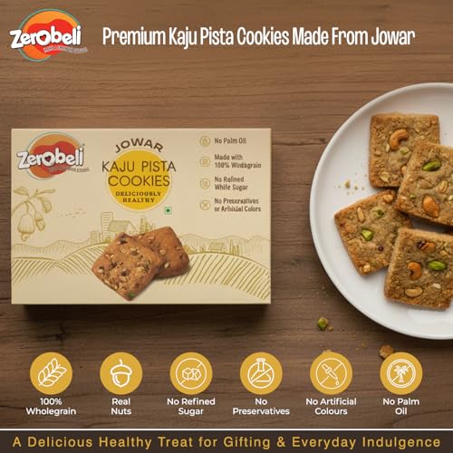 Image of Zerobeli Jowar Kaju Pista Cookies 425g (Pack of 2) | Premium Handmade Cookies With Real Cashews And Pista No Maida,No Refined White Sugar,No Palm Oil,Preservatives,or Colors