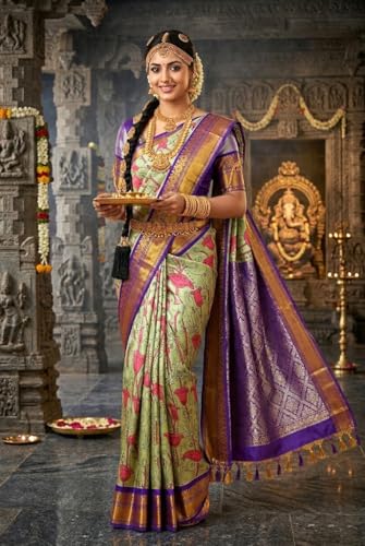 Image of VFCollections Women's Kalamkari Kanchipuram Silk Pattu Sarees With Blouse