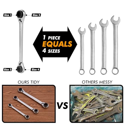 wanlvkang 4 IN 1 Ratcheting Wrench Set, Reversible Ratchet Wrench Set Double Tool Box Set Metric 8-19mm 3 Pieces