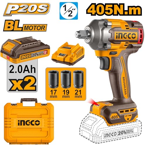 Image of Ingco 20V Cordless Impact Wrench 405NM, Brushless Motor, 3-Speed Adjustment 2400RPM, LED Work Light, With 2Pcs 2.0Ah Battery And 1Pcs Charger, Packed by Carrying Case