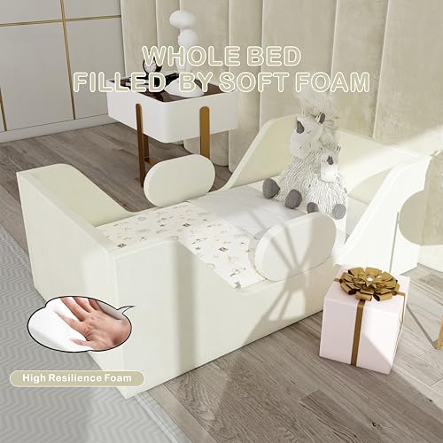Image of weeonekids Toddler Bed, Child Bed for Kids with Extra Safty Broad, Standard Crib Size Toddler Bed, Certified Fabric Toddler Beds,Toddler Flood Bed (Light Khaki)
