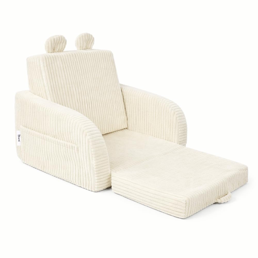 Flumi Fauteuil Enfant Mousse Convertible personnalisé 2 en 1 avec prénom, canapé Enfant dépliable pour Chambre bébé ou Enfant, Housse Amovible Lavable (Velours côtelé crème)
